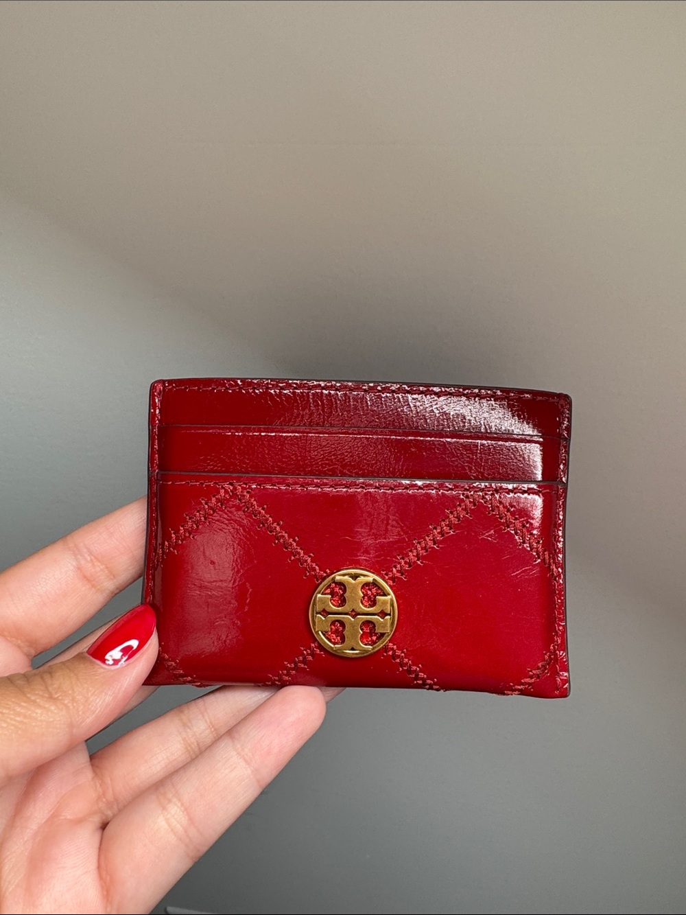 Tory Burch Red Quilted Patent Leather Card Holder with Gold Logo